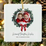 Personalised Christmas Wreath with Photo & Name Ceramic Ornament<br><div class="desc">Celebrate cherished memories with this Personalised Christmas Wreath Ornament, featuring your photo and name encircled by a festive holiday wreath. Perfect for adorning your Christmas tree or gifting to loved ones, this custom ornament is a beautiful way to commemorate special moments. Made with high-quality materials, this ornament is both durable...</div>