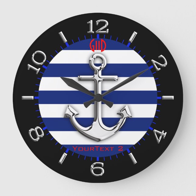Personalised Chrome Anchor Navy Blue Stripes Dial Large Clock (Front)