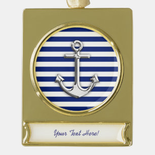 Personalised Chrome Anchor on Navy Stripes Gold Plated Banner Ornament