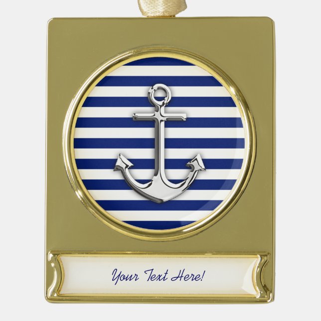 Personalised Chrome Anchor on Navy Stripes Gold Plated Banner Ornament (Front)