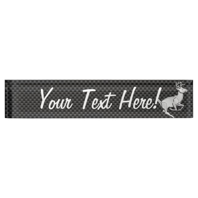 Personalised Chrome Running Deer Carbon Fibre look Nameplate (Front)