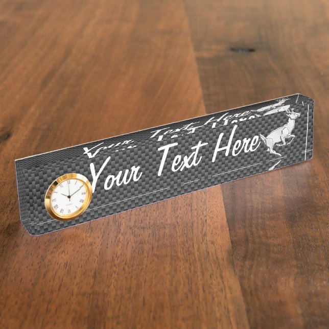 Personalised Chrome Running Deer Carbon Fibre look Nameplate (Side)
