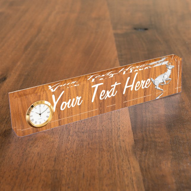 Personalised Chrome Running Deer Fine Teak Print Nameplate (Side)