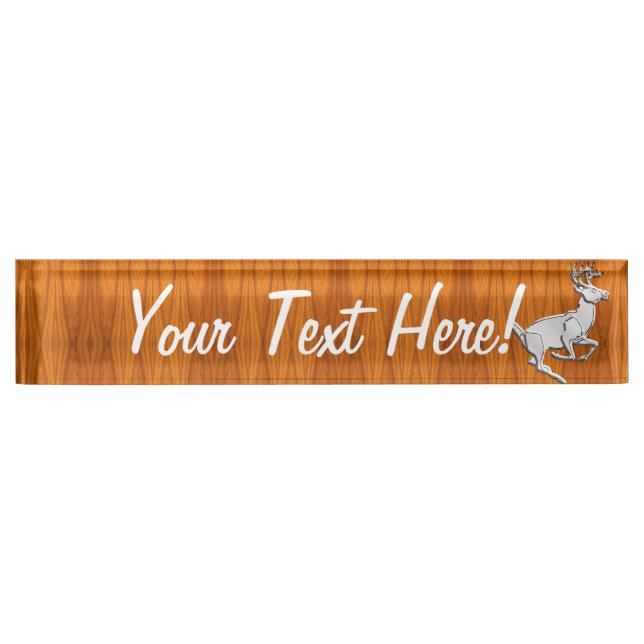 Personalised Chrome Running Deer Fine Teak Print Nameplate (Front)