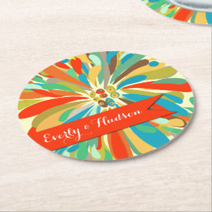 Personalised Chrysanthemum Bold Colourful Floral Round Paper Coaster