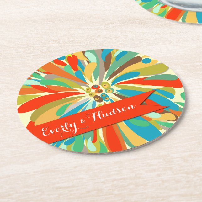 Personalised Chrysanthemum Bold Colourful Floral Round Paper Coaster (Angled)