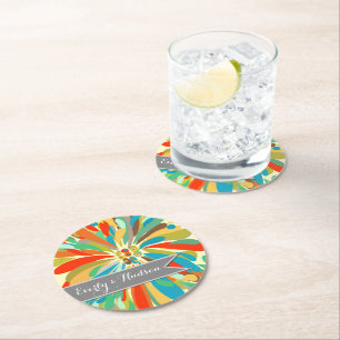 Personalised Chrysanthemum Bold Colourful Floral Round Paper Coaster