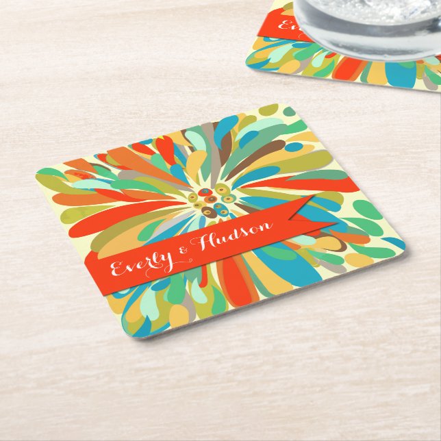 Personalised Chrysanthemum Bold Colourful Floral Square Paper Coaster (Angled)