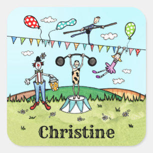 Personalised Circus Acrobat, Clown and Strongman Square Sticker