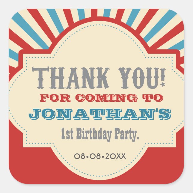Personalised Circus carnival 1st birthday party Square Sticker (Front)