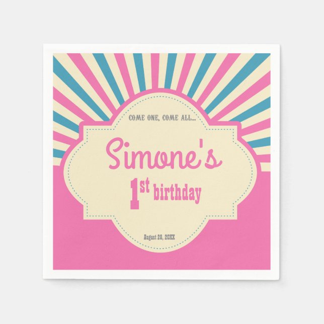 Personalised, Circus themed, first birthday, pink Napkin (Front)