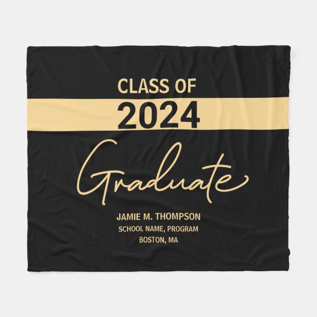 Personalised Class of 2024 Black Gold Graduation Fleece Blanket (Front (Horizontal))