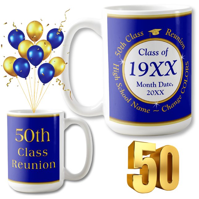 Personalised, Class Reunion Ideas 50 years,  Coffee Mug (Blue and Gold, 50th Class Reunion Souvenirs, Personalized, 50th high school reunion ideas. 50 year.)