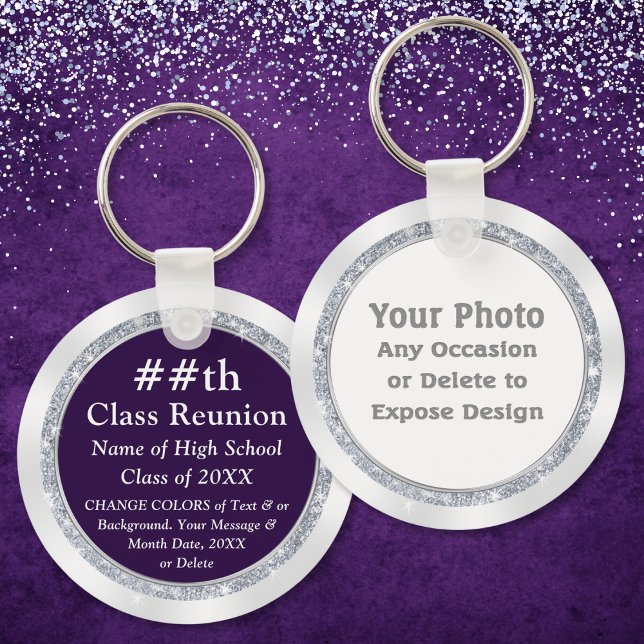 Personalised, Class Reunion Party Ideas, Purple or Key Ring (Purple, White and Silver, Personalized Class Reunion Gifts. Cheap class reunion souvenirs. 50th)