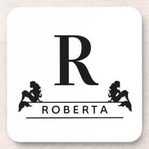 Personalised Classic Blk Monogram Initial Mermaids Coaster