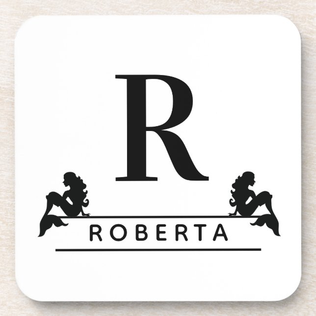 Personalised Classic Blk Monogram Initial Mermaids Coaster (Front)