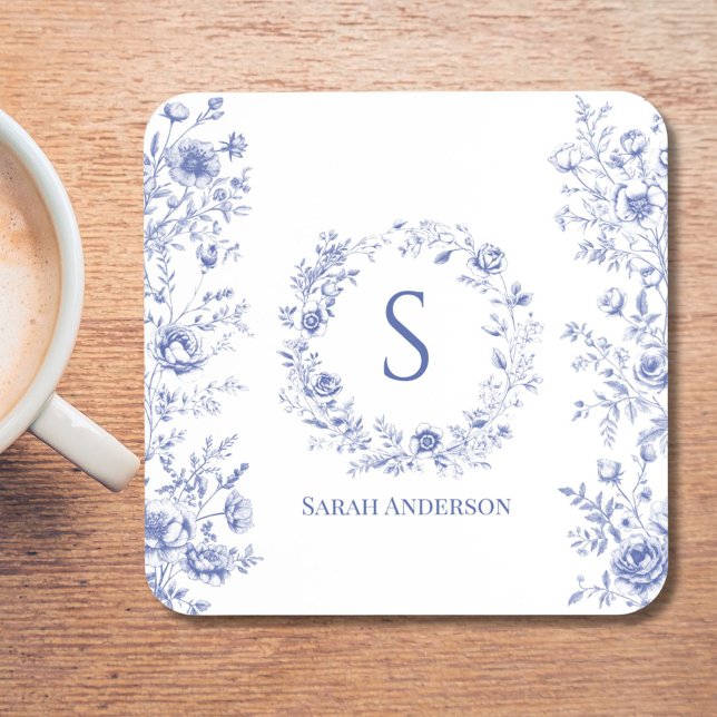 Personalised Classic Blue Flowers Floral Pattern Coaster (In situ)