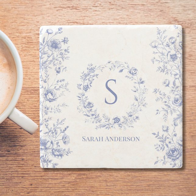 Personalised Classic Blue Flowers Floral Pattern Stone Coaster (In situ)
