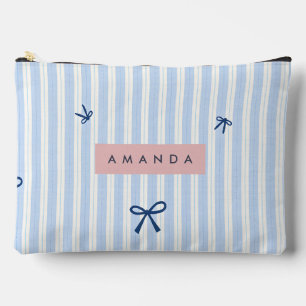 Personalised Classic Blue Pastel Striped Bow Accessory Pouch