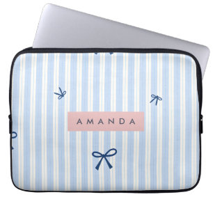 Personalised Classic Blue Pastel Striped Bow Laptop Sleeve