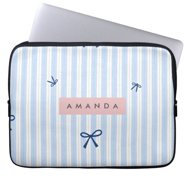 Personalised Classic Blue Pastel Striped Bow Laptop Sleeve (Front)