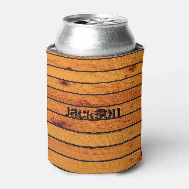 Personalised classic brown wooden shipdeck can cooler (Can Front)