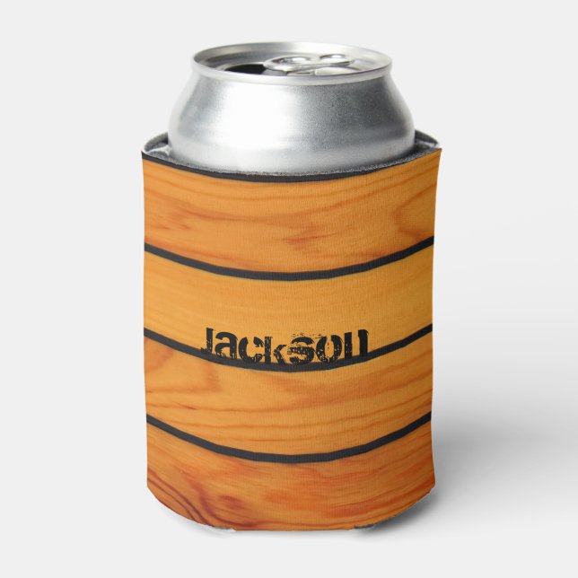Personalised classic brown wooden shipdeck can cooler (Can Front)