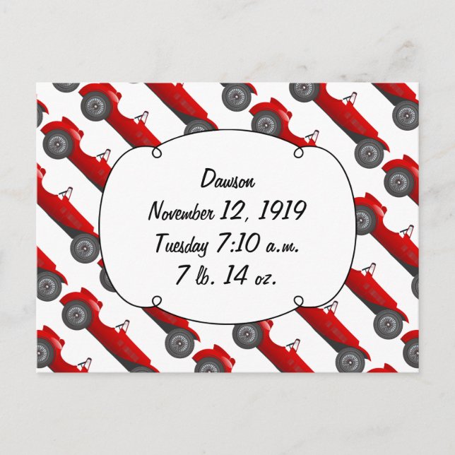 Personalised Classic Car Baby Boy Stats Postcard (Front)