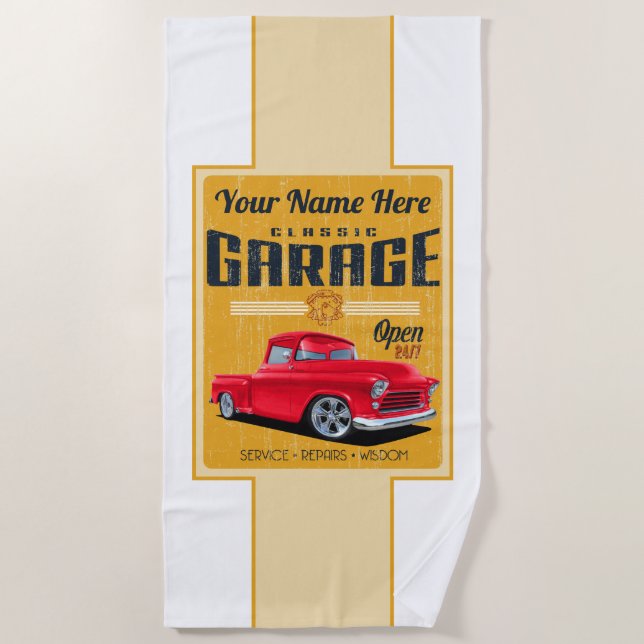 Personalised Classic Custom Truck Garage Beach Towel (Front)