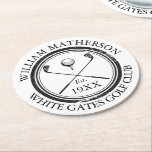Personalised Classic Golf Club Name Round Paper Coaster<br><div class="desc">Featuring a classic crossed golf clubs and golf ball design,  and an aged stamp effect border,  these coasters are ideal for all golf clubs and golf club members. Personalise with the name of the club member,  golf club name and the year the golf club was established. Designed by Thisisnotme©</div>