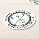 Personalised Classic Golf Club Name Round Paper Coaster<br><div class="desc">Featuring a classic crossed golf clubs and golf ball design,  and an aged stamp effect border,  these coasters are ideal for all golf clubs and golf club members. Personalise with the name of the club member,  golf club name and the year the golf club was established. Designed by Thisisnotme©</div>