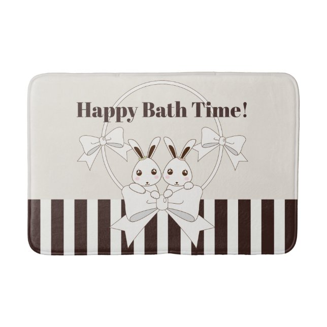 Personalised Classic Modern Stripe Cute Twin Bunny Bath Mat (Front)