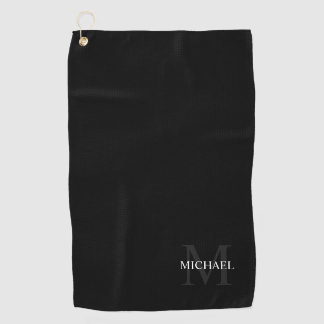 Personalised Classic Monogram and Name Black Golf Towel (Front)
