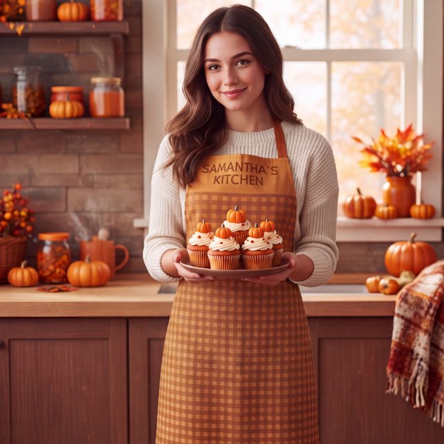 Personalised Classic Pumpkin Fall Gingham Plaid Apron (Creator Uploaded)