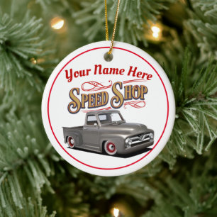 Personalised Classic Truck Speed Shop Ceramic Tree Decoration