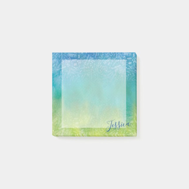 Personalised Classical Music Composers Blue Green Post-it Notes (Front)