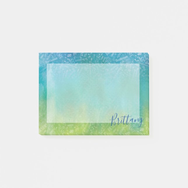 Personalised Classical Music Composers Blue Green Post-it Notes (Front)