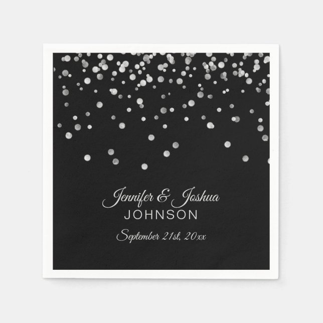 Personalised Classy Black Silver Confetti Wedding Napkin (Front)