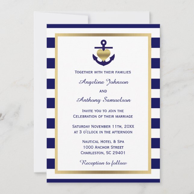 Personalised Classy Nautical Gold Navy Wedding Invitation (Front)