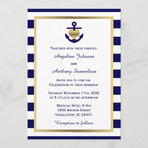 Personalised Classy Nautical Gold Navy Wedding Invitation