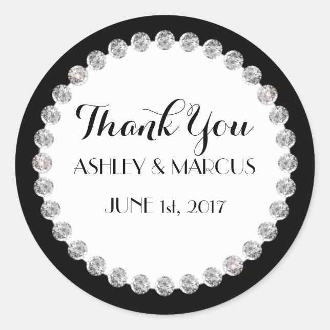 Personalised Classy Wedding Black & White Diamonds Classic Round Sticker (Front)