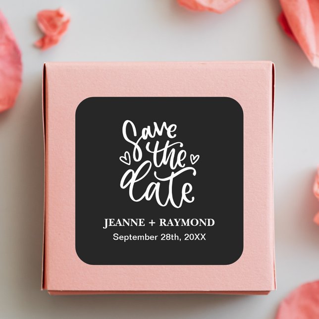 Personalised Clean Black Wedding Save the date Square Sticker (Clean black save the date sticker adds modern personalized charm to wedding mailings.)