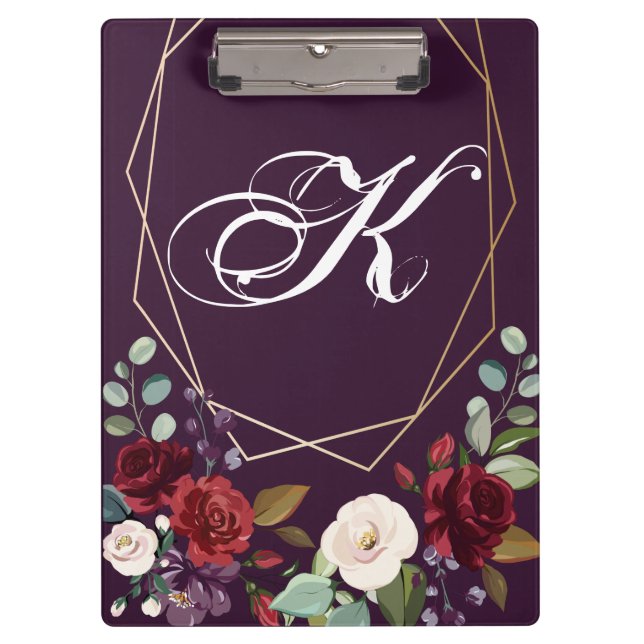 Personalised Clip Board Plum Purple Roses Gold Geo (Front)