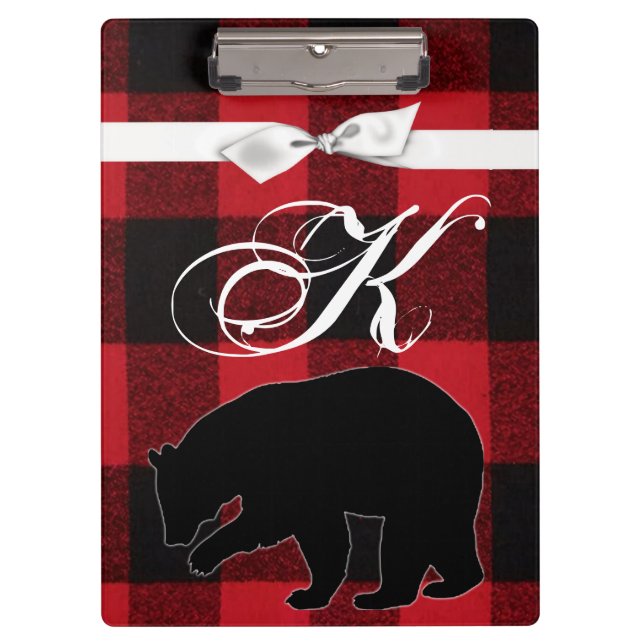 Personalised Clip Board Red Buffalo Plaid Bear Bla (Front)