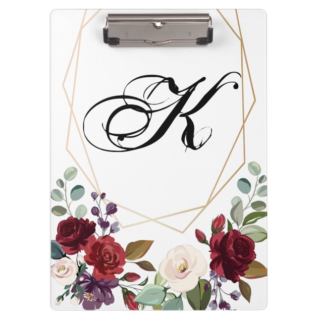 Personalised Clip Board White Roses Gold Geo (Front)