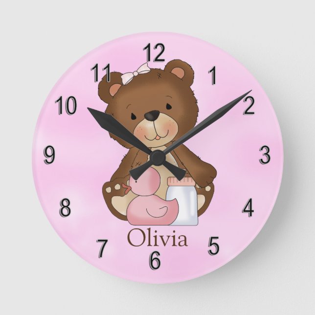 Personalised Clock Baby Girl Teddy Bear Pink Duck (Front)