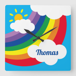Personalised Clouds, Sunshine & Rainbow Square Wall Clock