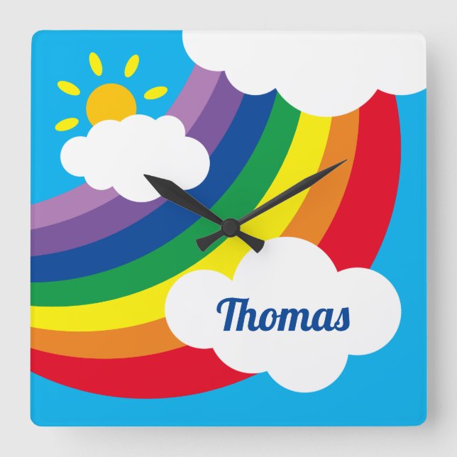 Personalised Clouds, Sunshine & Rainbow Square Wall Clock (Front)
