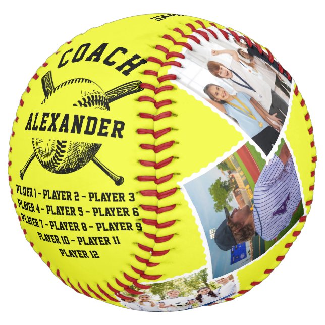 Personalised Coach Gift, 6 photo & Player's Names Softball (Angled)