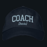 Personalised Coach in Light Blue Embroidered Hat<br><div class="desc">Coach cap with text line to personalise in light blue easy to read text.</div>